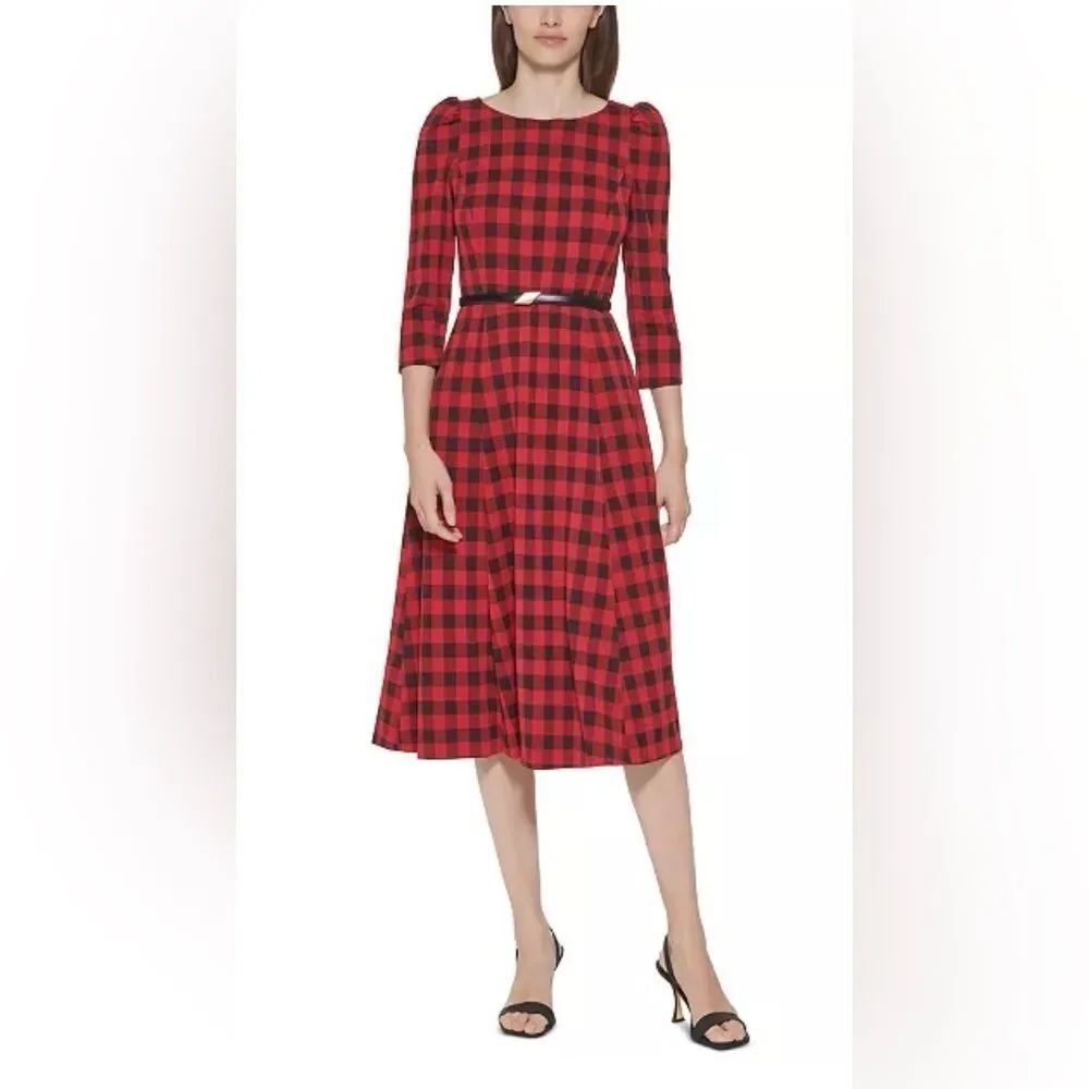 CALVIN KLEIN Buffalo Check A-Line Midi Dress size 4 missing belt